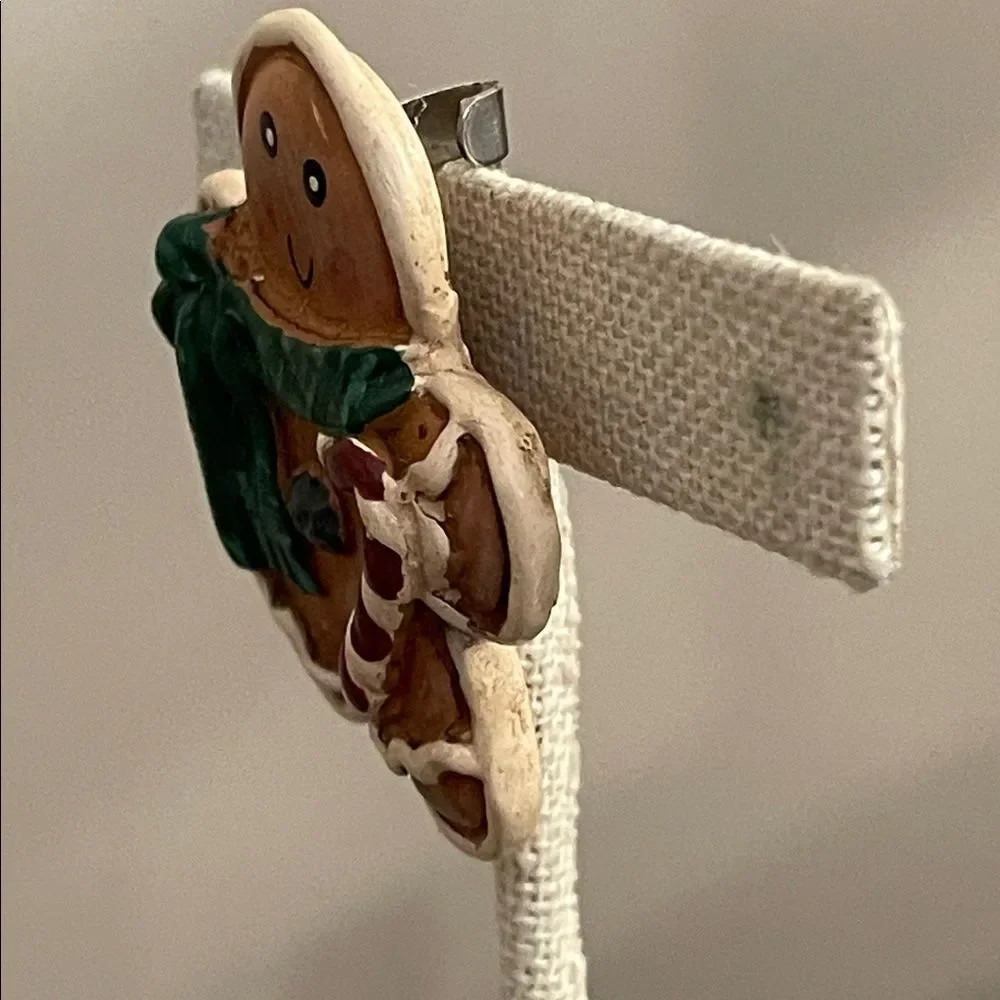 Vintage Festive Gingerbread Man Pin with Green Scarf & Candy Cane Christmas Pin